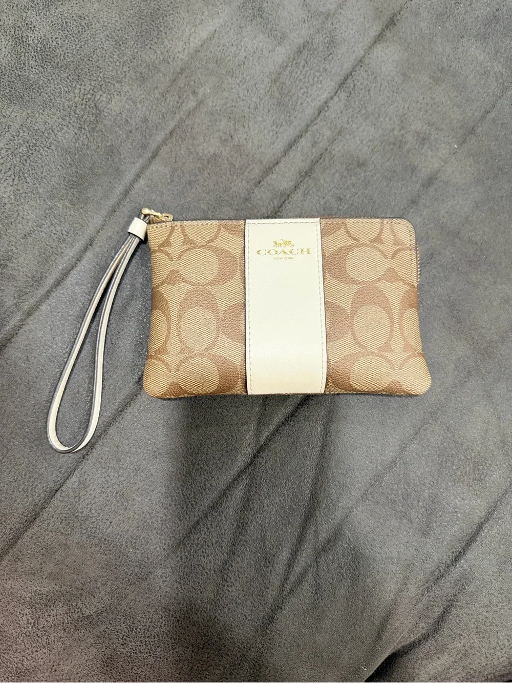 Authentic Coach Tan Signature Canvas Wristlet with Cream Center Stripe